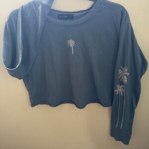 Ruche Teal Palm Embroidered Cropped Sweatshirt